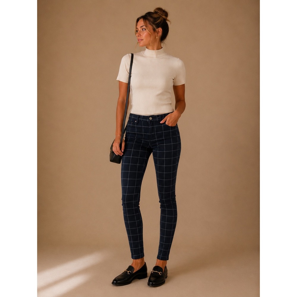 Ann Taylor LOFT Modern Skinny Ankle Pants Navy Blue Windowpane Plaid Size 29/8